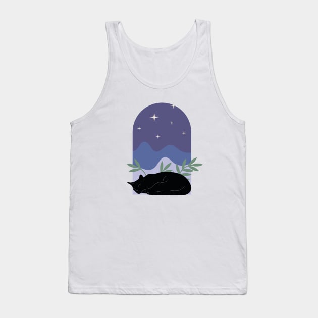 Sleepy cozy black cat with plants and night sky in boho minimalist style Tank Top by ArtistryWhims